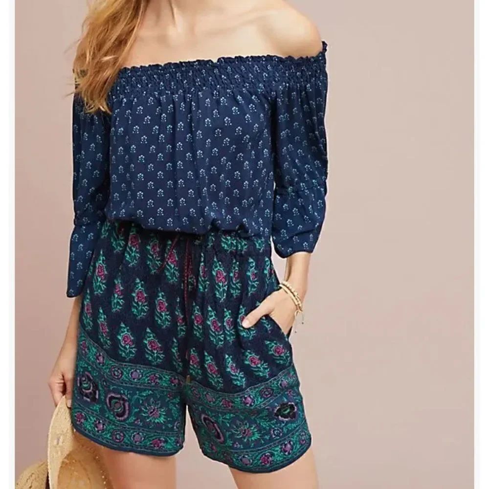 Anthropologie Kaleo Off The Shoulder Romper Navy Printed Pockets Size XS